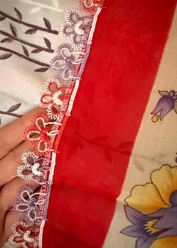 Dantel Detaylı Kırmızı Vintage Kadın Fular - Görsel 2