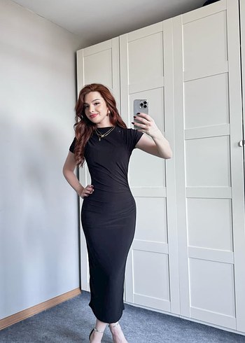 xs Beden siyah Renk Siyah midi vücuda oturan midi elbise