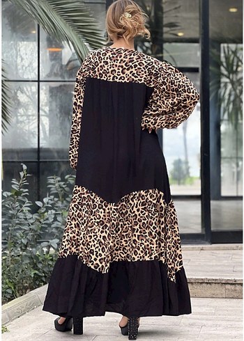 Leopar Desenli Uzun Bohem Elbise