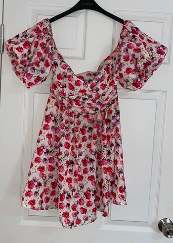 Pembe Çiçekli Drapeli Mini Elbise - Görsel 3