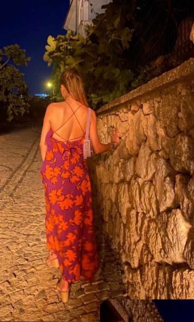 Mor Çiçek Desenli Uzun Askılı Elbise - Görsel 5