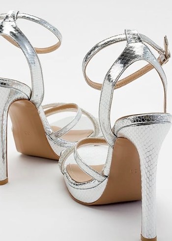 Gümüş Renkli Yılan Desenli platformlu Topuklu Ayakkabı - Görsel 3
