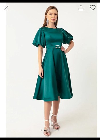 Yeşil Yüksek Yakalı Midi Elbise - Görsel 3