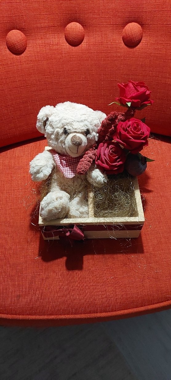 Kırmızı Güllü Beyaz Peluş Ayıcık Hediyesi - Görsel 2