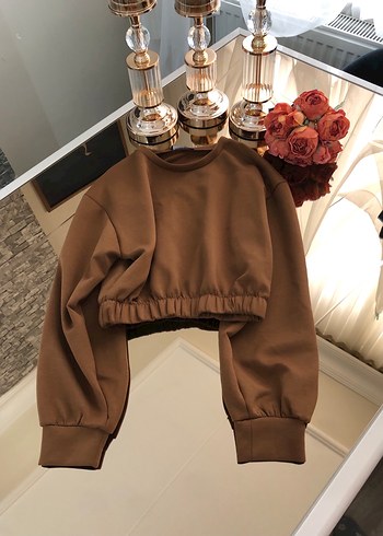 Kahverengi Crop Sweatshirt Rahat Kesim