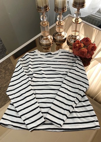 Beyaz siyah Çizgili Pamuklu Kadın Sweatshirt