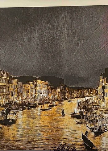 Altın Renkli Venedik Gece Şehir Manzarası Tablosu - Görsel 2