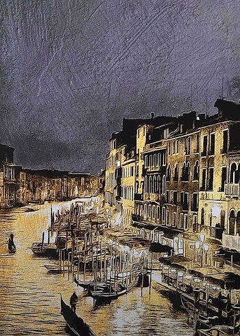 Altın Renkli Venedik Gece Şehir Manzarası Tablosu - Görsel 3