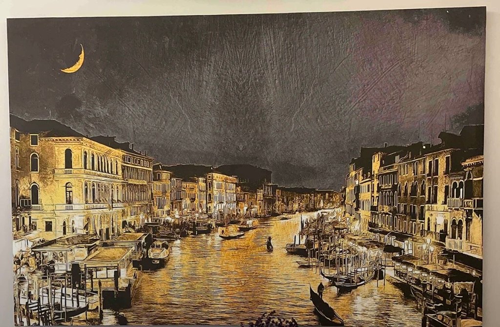 Altın Renkli Venedik Gece Şehir Manzarası Tablosu - Görsel 2