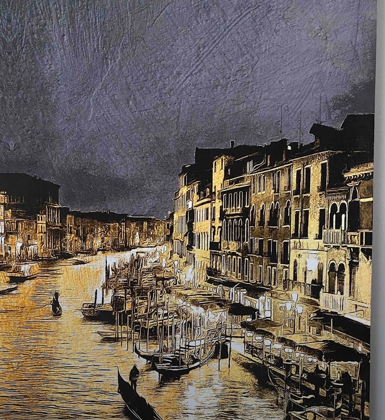 Altın Renkli Venedik Gece Şehir Manzarası Tablosu - Görsel 3