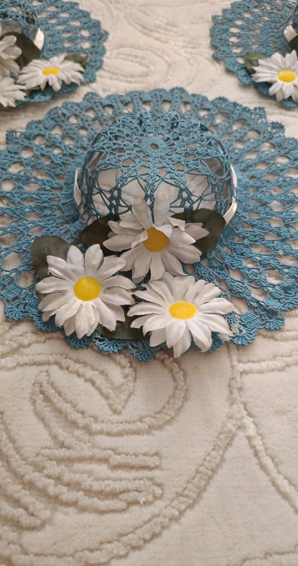 Bohem Stil Mavi Örgü Çiçekli Dekor Seti - Görsel 2