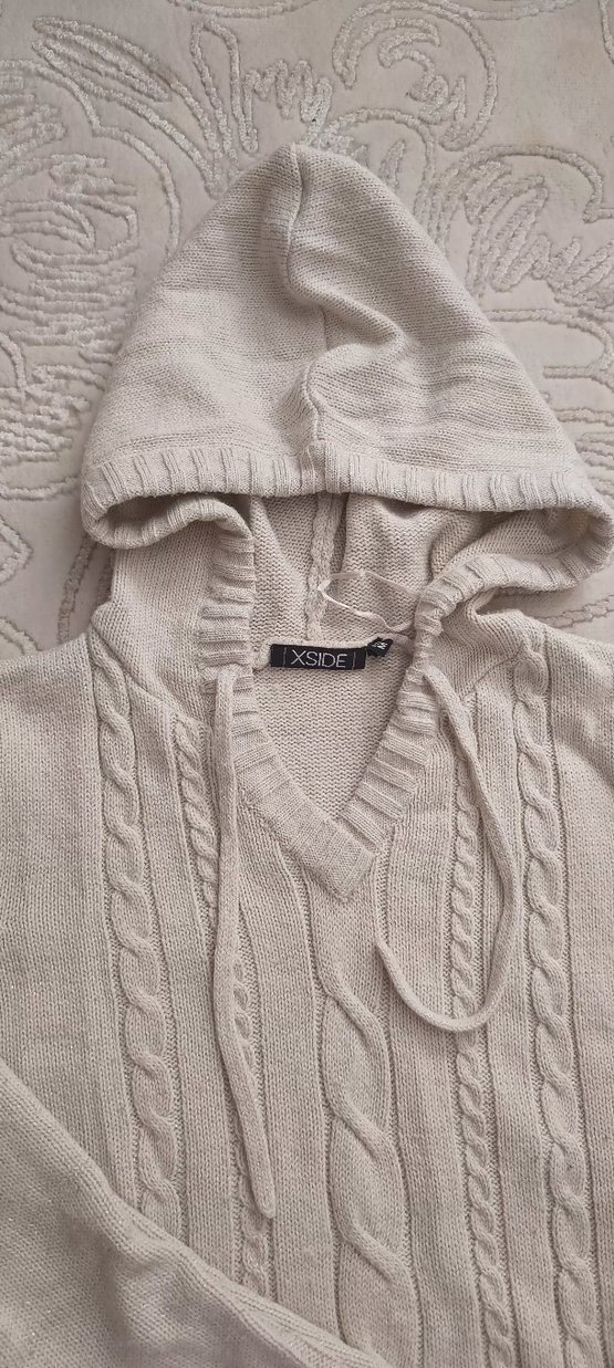 Bej Kapüşonlu Örgü Kadın Kazak - Görsel 4