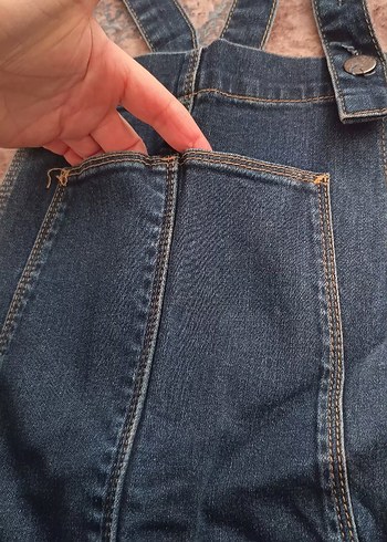 Düğmeli Mavi Kadın Denim salopet - Görsel 4