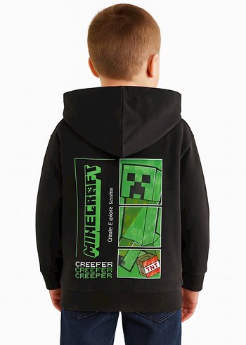 13-14 Yaş Beden Minecraft Baskılı Kapüşonlu Erkek Çocuk Ceket