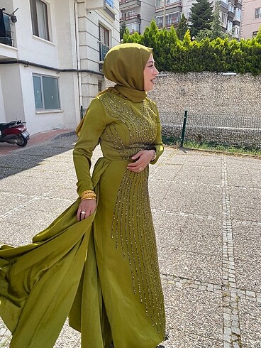 Yağ yeşili taşlı abiye - Görsel 2