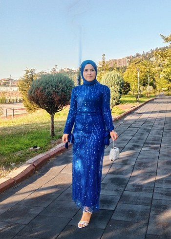 Abiye Parlak Mavi payetli Uzun Abiye Elbise