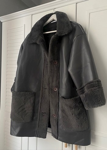 Kürk Detaylı gri Deri Midi Kadın Kaban - Görsel 2