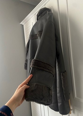 Kürk Detaylı gri Deri Midi Kadın Kaban - Görsel 5