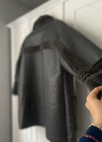 Kürk Detaylı gri Deri Midi Kadın Kaban - Görsel 4