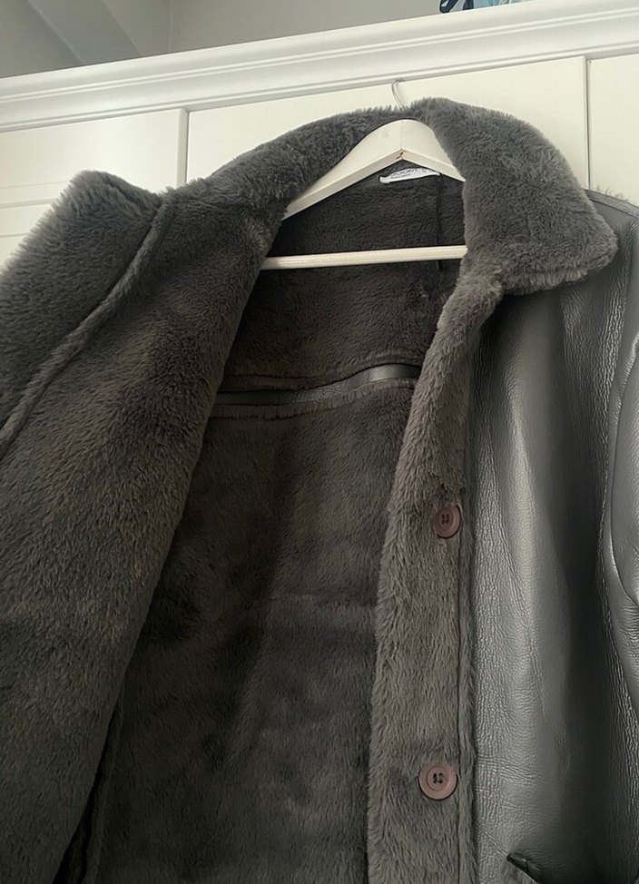 Kürk Detaylı gri Deri Midi Kadın Kaban - Görsel 3