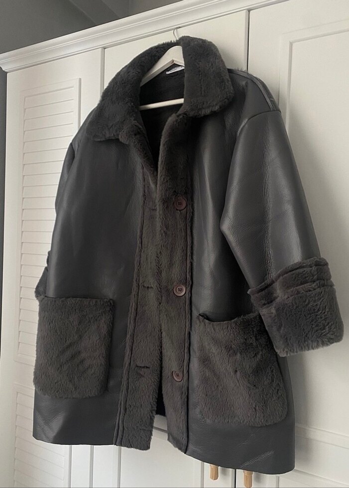 Kürk Detaylı gri Deri Midi Kadın Kaban - Görsel 2