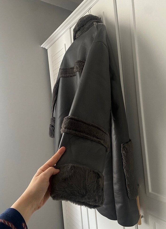 Kürk Detaylı gri Deri Midi Kadın Kaban - Görsel 5