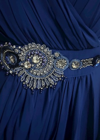 Drapeli Lacivert Uzun Abiye Elbise - Görsel 8