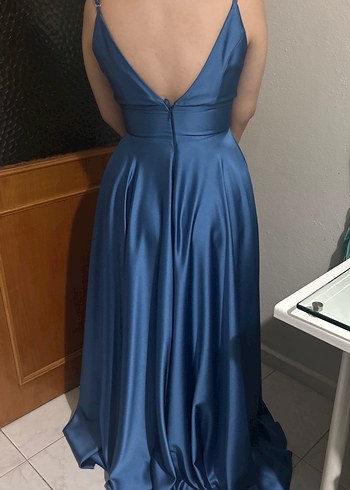 Uzun Mavi Drapeli V Yakalı Abiye Elbise - Görsel 3