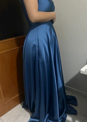 Uzun Mavi Drapeli V Yakalı Abiye Elbise - Görsel 2