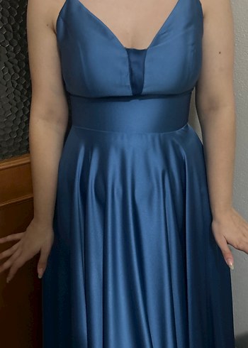 Uzun Mavi Drapeli V Yakalı Abiye Elbise - Görsel 6