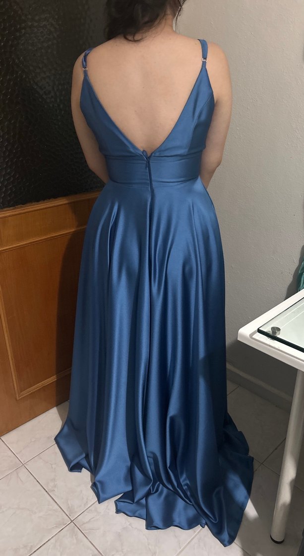 Uzun Mavi Drapeli V Yakalı Abiye Elbise - Görsel 3