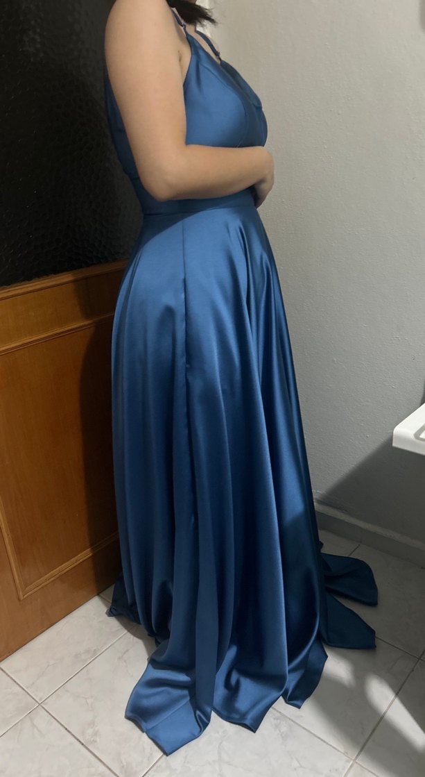 Uzun Mavi Drapeli V Yakalı Abiye Elbise - Görsel 2