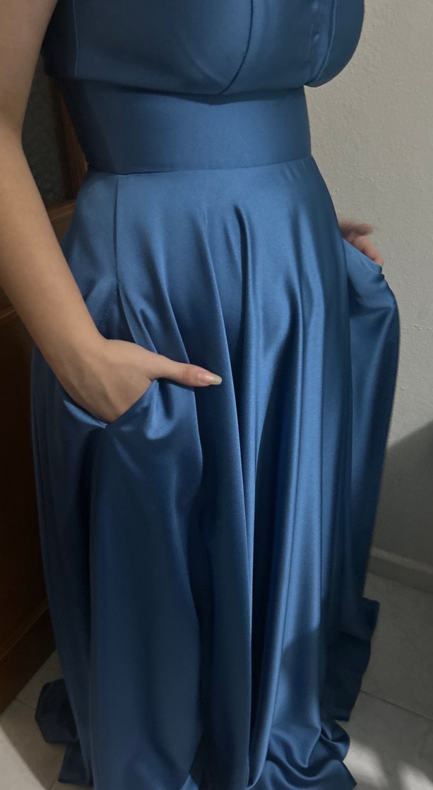 Uzun Mavi Drapeli V Yakalı Abiye Elbise - Görsel 5