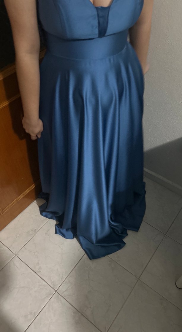 Uzun Mavi Drapeli V Yakalı Abiye Elbise - Görsel 4