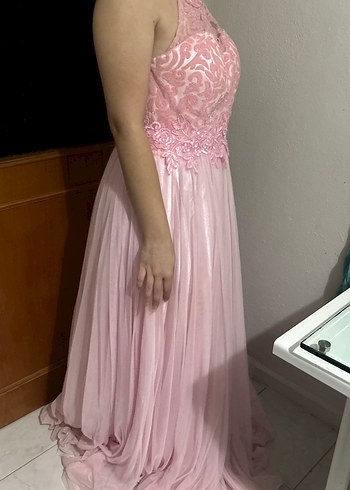 Dantel Detaylı Uzun Pembe Abiye Elbise - Görsel 2