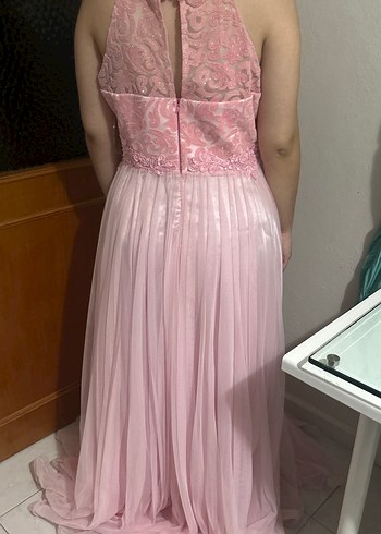 Dantel Detaylı Uzun Pembe Abiye Elbise - Görsel 3