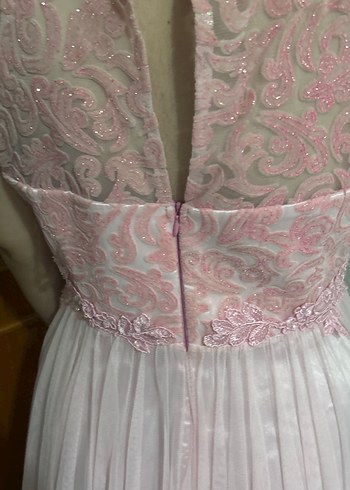 Dantel Detaylı Uzun Pembe Abiye Elbise - Görsel 4