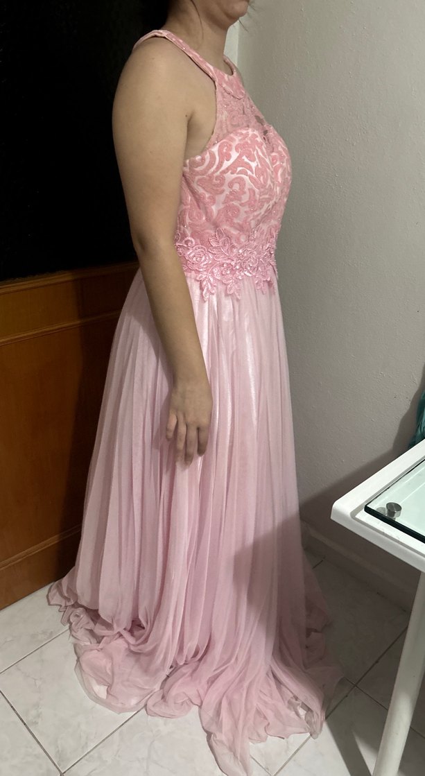 Dantel Detaylı Uzun Pembe Abiye Elbise - Görsel 2