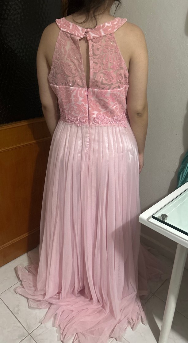 Dantel Detaylı Uzun Pembe Abiye Elbise - Görsel 3