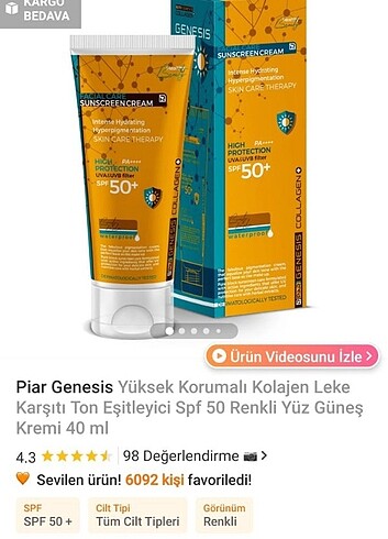  Beden Renk piar genesis collagen renkli güneş kremi