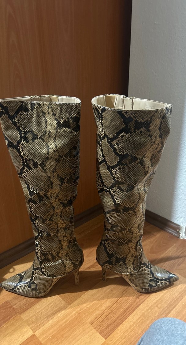 Kahverengi Yılan Desenli Deri Dizüstü Çizme - Görsel 2