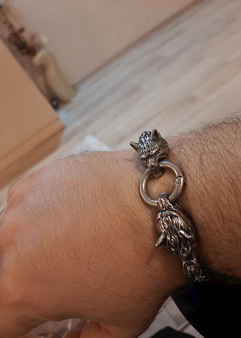 Paslanmaz çelik Çift Kurt başlı bileklik - Görsel 2