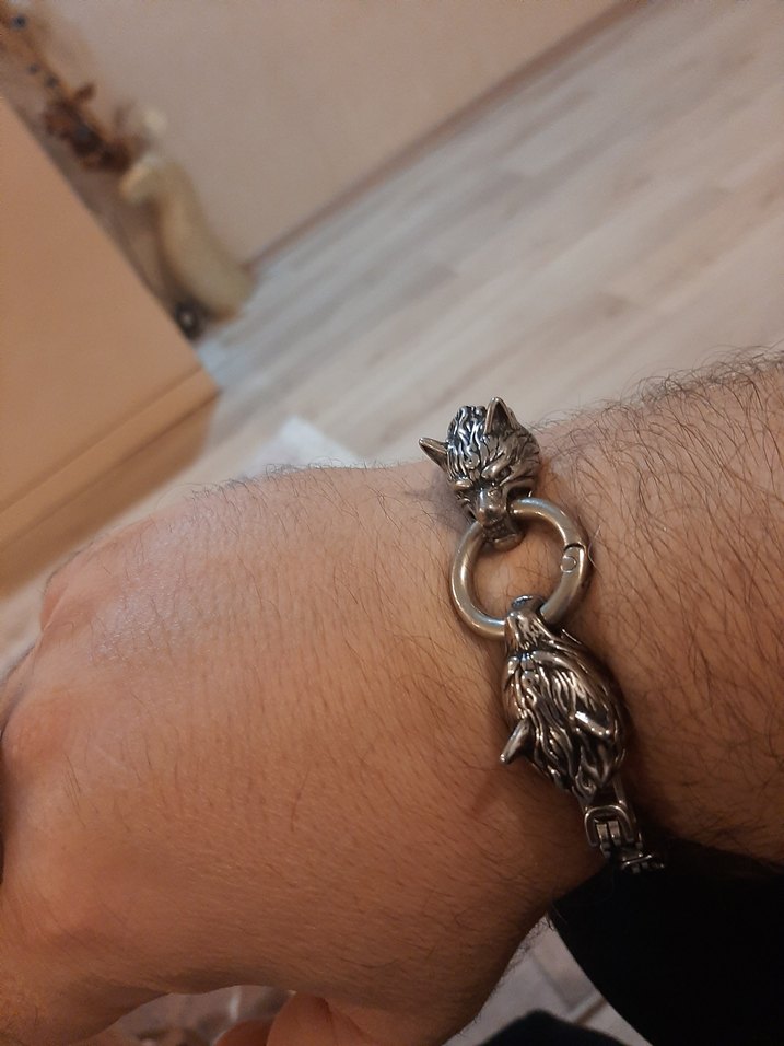 Paslanmaz çelik Çift Kurt başlı bileklik - Görsel 2