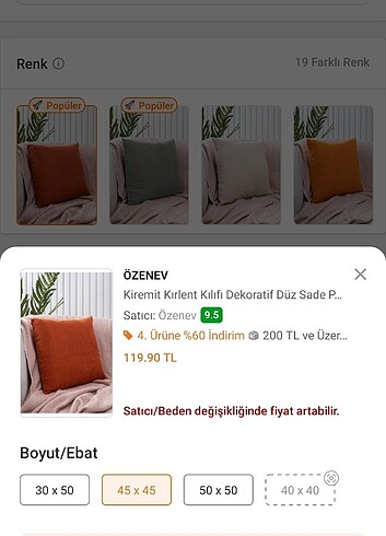  Beden turuncu Renk Kırlent kılıfı özenev