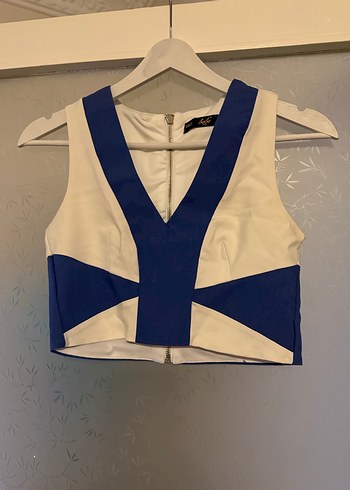 Mavi V Yakalı Fermuarlı Crop Top