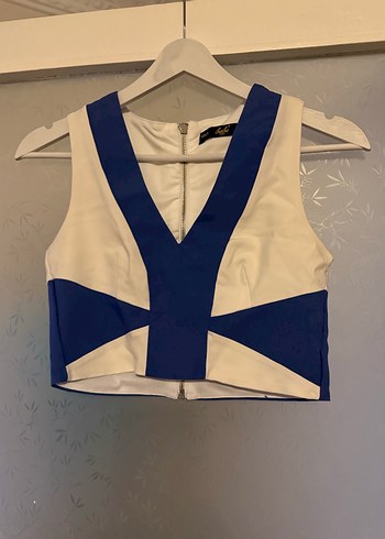 s Beden Mavi V Yakalı Fermuarlı Crop Top