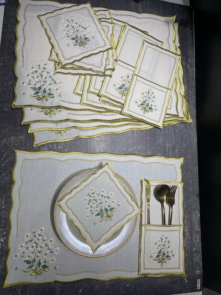 6 kişilik Nakışlı Vintage Beyaz sarı simli Amerikan Servis takım - Görsel 4