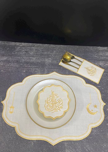 6 kişilik Nakışlı Beyaz sarı ramazan mübarek yazılı Sofra Takımı - Görsel 2