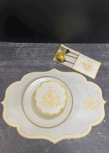 6 kişilik Nakışlı Beyaz sarı ramazan mübarek yazılı Sofra Takımı - Görsel 5