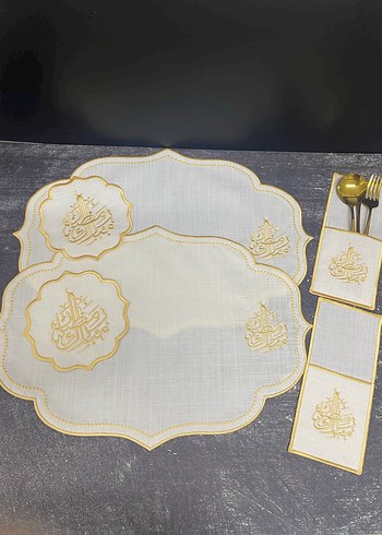 6 kişilik Nakışlı Beyaz sarı ramazan mübarek yazılı Sofra Takımı - Görsel 8